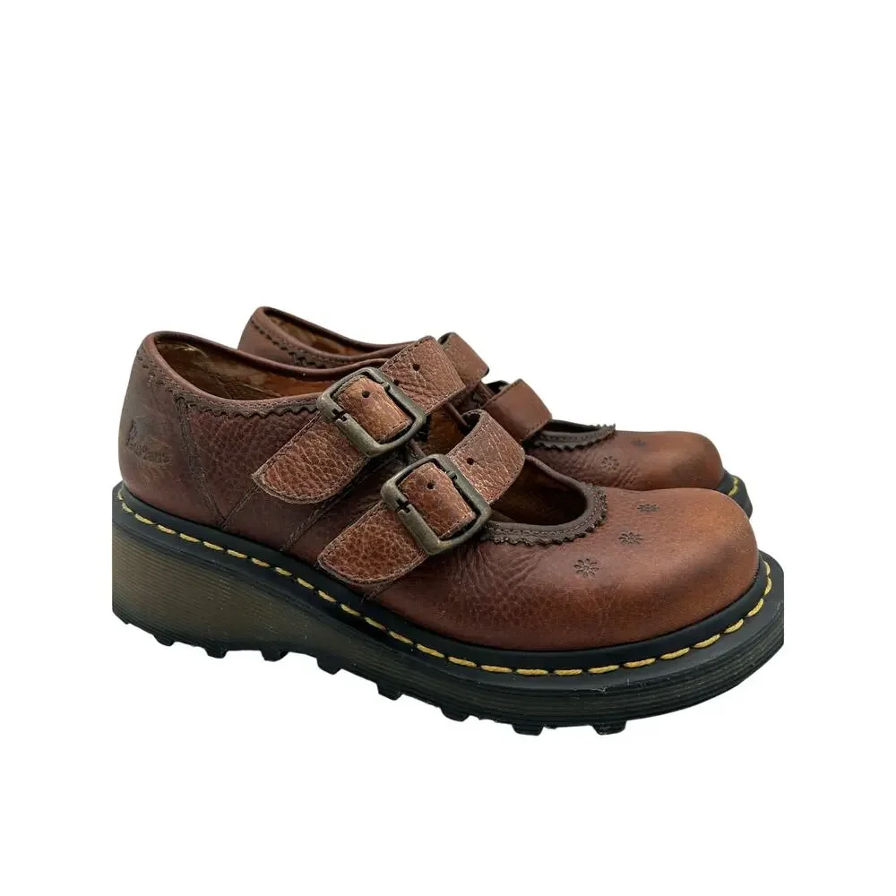 RARE Vtg Dr. Martens Women's 9Brown Leather Daisy Flower ShoesChunky Mary Jane - Picture 7 of 11